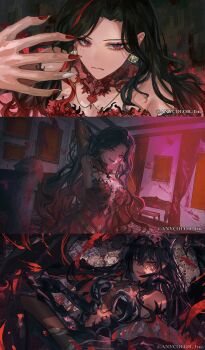 1girl :d absurdres arm_behind_head armlet asano_(kazusasn) bare_shoulders belt black_arm_warmers black_dress black_gloves black_hair black_horns black_tiara black_wings blood blood_on_face blood_splatter breasts brown_pantyhose cleavage collar collarbone commentary copyright_notice crossed_bangs curtained_hair curtains demon_girl demon_horns demon_wings dress earrings elbow_gloves english_commentary evil_smile expressionless fangs feet_out_of_frame flower-trimmed_dress flower_trim gloves gold_belt gradient_hair hair_between_eyes hair_lift halter_dress halterneck hand_up highres horns indoors jewelry large_breasts long_hair looking_at_viewer lower_teeth_only mixed-language_commentary mole mole_on_breast mole_under_eye multicolored_hair multicolored_nails multiple_moles multiple_views navel necklace nijisanji nijisanji_en official_alternate_costume official_art open_mouth pantyhose parted_bangs picture_frame pink_blood plunging_neckline portrait raised_inner_eyebrows red_collar red_dress red_eyes red_hair red_nails scarle_yonaguni scarle_yonaguni_(enchantress) see-through_cleavage see-through_clothes shell shell_earrings side_slit smile statue stool strapless strapless_dress streaked_hair tan teeth tiara torn_clothes torn_pantyhose two-tone_nails upper_body upper_teeth_only v-shaped_eyebrows virtual_youtuber wavy_hair white_nails wings