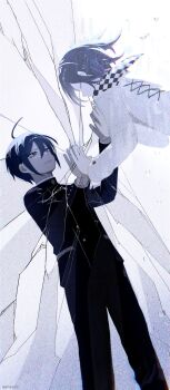 2boys ahoge artist_name auni black_hair black_jacket black_pants blue_theme checkered_clothes checkered_scarf closed_eyes crack cracked_glass cross-laced_clothes cross-laced_top crying crying_with_eyes_open danganronpa_(series) danganronpa_v3:_killing_harmony eyelashes film_grain flipped_hair floating from_side hair_between_eyes hashtag-only_commentary highres implied_death jacket long_sleeves male_focus multiple_boys muted_color oma_kokichi pale_skin pants perspective profile purple_hair reflection sad saihara_shuichi scarf short_hair simple_background standing static tears two-tone_scarf watermark yaoi