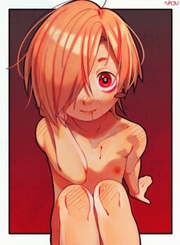 1girl absurdres bags_under_eyes blonde_hair blood blood_from_mouth blush blush_stickers border female_focus flat_chest gradient_background hair_over_one_eye highres idolmaster idolmaster_cinderella_girls loli looking_at_viewer najucaju_naju nipples nose_blush nude outside_border red_background red_eyes shirasaka_koume sitting skull-shaped_pupils smile solo symbol-shaped_pupils white_border