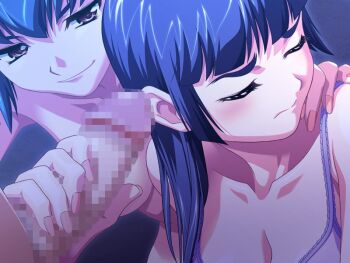 1boy 2girls assistant assisted_rape bisexual_female blue_hair blush brown_eyes censored closed_eyes collarbone erection female_collaborator fingernails forced hair_between_eyes half-closed_eyes itsuki_katsura medium_penis mosaic_censoring multiple_girls penis penis_grab purple_hair reversible smirk sugihara_shizuno turning_head