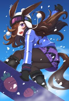 Rule 34 | 1girl, animal ears, beanie, black boots, black gloves, black pantyhose, blue coat, blush, boots, brown hair, carrot, coat, commentary request, flipped hair, floral print, gloves, goggles, goggles on head, hair over one eye, hat, highres, horse ears, horse girl, horse tail, jacket, long hair, looking at viewer, neru ika, open mouth, pantyhose, purple eyes, purple skirt, rice shower (umamusume), skirt, smile, snowball, snowboard, solo, tail, teeth, umamusume, upper teeth only, white jacket
