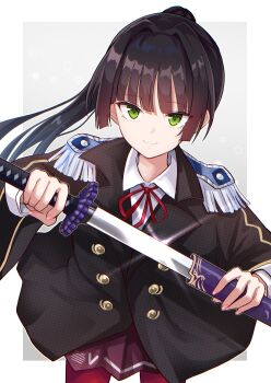1girl absurdres black_hair black_jacket blunt_bangs blunt_ends border buttons closed_mouth collared_shirt commentary_request cowboy_shot double-breasted eyelashes fingernails glint green_eyes grey_background hair_intakes hands_up heaven_burns_red highres holding holding_sword holding_weapon jacket katana long_hair long_sleeves looking_at_viewer miniskirt natsume_inori neck_ribbon outside_border pantyhose pleated_skirt ponytail purple_skirt red_pantyhose red_ribbon ribbon rrtp shirt sidelocks simple_background skirt smile solo sword tsurime very_long_hair weapon white_border white_shirt wide_sleeves