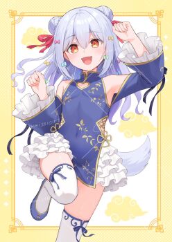 1boy blue_dress blue_hair blue_shoes bow china_dress chinese_clothes cleavage_cutout clothing_cutout commentary commission covered_navel crossdressing crossdressing_(mtf) detached_sleeves dog_tail double_bun dress frilled_dress frilled_sleeves frills hair_bow hair_bun hair_ribbon hands_up heart_cutout highres inuyama_tamaki inuyama_tamaki_(5th_costume) long_hair long_sleeves looking_at_viewer male_focus multiple_hair_bows noripro nzmtarou official_alternate_costume ribbon shoes skeb_commission smile solo standing standing_on_one_leg symbol-only_commentary tail thighhighs trap virtual_youtuber watermark white_thighhighs yellow_eyes zettai_ryouiki