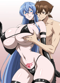 1boy 1girl akame_ga_kill! alternate_breast_size arm_strap belt bikini black_belt black_bikini black_gloves black_pants blue_eyes blue_hair blush breasts brown_eyes brown_hair cleavage colored_eyelashes crossover deep_skin elbow_gloves esdeath from_behind gloves grabbing_another&#039;s_breast grabbing_from_behind groping hair_between_eyes high_school_dxd highres huge_breasts hyoudou_issei leg_belt long_hair looking_at_another matching_hair/eyes micro_bikini navel pants parted_lips short_hair skindentation smile swimsuit tattoo thigh_strap topless_male underboob very_long_hair yxyyxy