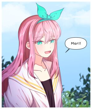 1girl :d aqua_eyes aqua_hairband arms_at_sides aubrey_(faraway)_(omori) aubrey_(omori) b_hong black_shirt blue_sky bow_hairband cloud collarbone commentary_request day double-parted_bangs english_text flat_chest hair_between_eyes hairband happy highres jacket korean_commentary leaf long_hair looking_ahead omori open_clothes open_jacket open_mouth outdoors pink_hair sailor_collar shirt sidelocks simple_background sky smile solo speech_bubble straight_hair tongue tsurime upper_body white_jacket white_sailor_collar