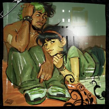 1boy 1girl adoptive_siblings antonio_leon_mars_(skcd_loen) arm_hair artist_logo asian baggy_pants bandaged_fingers bandages black_border black_eyes black_hair border bracelet brother_and_sister chest_hair cigarette closed_mouth commentary curled_fingers drop_shadow elbow_on_knee elbow_rest english_commentary eyebrow_cut facial_hair flourish_(design) frutiger_metro gauze_on_arm goatee green_eyes green_hair green_pants green_shirt green_shorts hair_behind_ear hairband hashtag-only_commentary head_on_another&#039;s_arm holding holding_cigarette jewelry kim_huang_(skcd_loen) knees_up laces logo looking_at_viewer looking_to_the_side lying medium_hair multicolored_hair mustache necklace on_floor on_side original pants polaroid_photo red_hairband ring_piercing safety_pin shirt shoes shorts siblings silver_necklace sitting skcd_loen sketch sneakers spiked_bracelet spikes split-color_hair symbol-only_commentary t-shirt tan thick_lips two-tone_hair wolf_cut