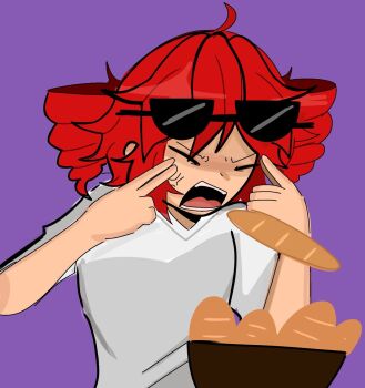 1girl ahoge anger_vein baguette bowl bread commentary drill_hair english_commentary eyewear_on_head food highres kasane_teto liar_dancer_(synthesizer_v) man_levitating_pizza_(meme) medium_hair meme purple_background red_hair shaded_face shirt solo sunglasses telekinesis tetotism twin_drills v-shaped_eyebrows white_shirt