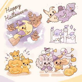 black_eyes bright_pupils broom broom_riding candle closed_mouth cloud drifloon eevee fangs gen_1_pokemon gen_3_pokemon gen_4_pokemon gen_5_pokemon gen_6_pokemon gen_7_pokemon gen_9_pokemon gengar halloween halloween_bucket halloween_costume happy_halloween hat highres jack-o'-lantern litwick mimikyu minccino mixed-language_commentary mofucoffee moon nintendo open_mouth pawmi pawmo pawmot pikachu pokemon pokemon_(creature) pokemon_focus pumpkaboo shuppet sky smile star_(symbol) swablu tongue tongue_out white_pupils witch_hat