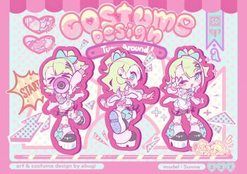 Rule 34 | 1girl, alternate costume, apron, arm warmers, blush, bow, chibi, chibi only, chocho 16, choker, dress, earrings, fang, food, full body, green bow, green eyes, green hair, hair bow, heart, heart earrings, highres, holding, holding megaphone, holding plate, jewelry, leg up, long sleeves, megaphone, multiple hair clips, one eye closed, pink arm warmers, pink dress, plate, ponytail, smile, solo, sunna (zenless zone zero), thigh strap, white apron, white choker, white wings, wings, zenless zone zero