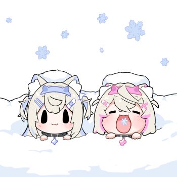 Rule 34 | 2girls, :3, :p, = =, absurdres, animal collar, animal ear fluff, animal ears, bandaid, bandaid hair ornament, blue hair, blue hairband, blush, brown hair, buried, chibi, chibi only, closed mouth, collar, commentary, crossed bangs, dog ears, dog girl, double-parted bangs, english commentary, fake horns, fuwawa abyssgard, fuwawa abyssgard (1st costume), hair between eyes, hair ornament, hairband, hairclip, highres, hololive, hololive english, horn hairband, horns, mococo abyssgard, mococo abyssgard (1st costume), multiple girls, parallel hairclips, pink hair, pink hairband, siblings, sisters, smile, snow, snowflakes, snowmya, spiked collar, spikes, tongue, tongue out, twins, two side up, virtual youtuber, x hair ornament, | |