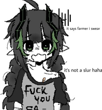 1girl bandaged_arm bandages black_shirt clavicles crying elfinpsyop elfinpsyop_(artist) english_text green_eyes green_hair highres horns indie_virtual_youtuber lolil mechanical_horns neck open_mouth pointy_ears self-portrait shirt solo sweat virtual_youtuber white_background