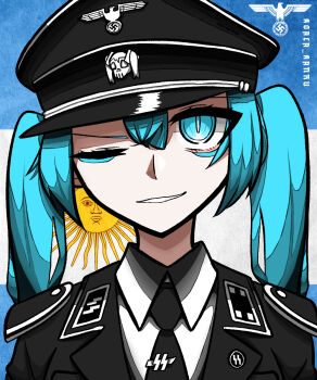 1girl aqua_hair argentinian_flag armor artist_name black_hat flag_background german_miku hair_between_eyes hat hatsune_miku highres koalakanru long_hair looking_at_viewer military_uniform nazi one_eye_closed pauldrons portrait reichsadler shirt shoulder_armor smile solo ss_insignia twintails very_long_hair vocaloid worldwide_miku