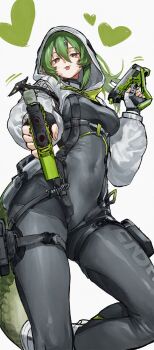 Rule 34 | 1girl, :p, absurdres, aiming, aiming at viewer, arknights, arknights: endfield, black bodysuit, bodysuit, breasts, commentary, covered navel, dual wielding, fluorite (arknights), green hair, green tail, gun, hair through hood, heart, highres, holding, holding gun, holding weapon, hood, hood up, hooded shrug, impossible bodysuit, impossible clothes, kamisato sora, long hair, medium breasts, shrug (clothing), snake girl, snake tail, solo, symbol-only commentary, tail, tongue, tongue out, weapon, white background, white shrug