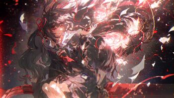 1girl absurdres black_choker black_hair black_jacket black_serafuku black_shirt black_skirt chisa_(wuthering_waves) choker closed_mouth commentary hair_ribbon highres holding holding_scissors id_card jacket long_hair looking_at_object neckerchief paper red_eyes red_neckerchief red_ribbon ribbon riko-m sailor_collar school_uniform scissors serafuku shirt sitting skirt solo symbol-only_commentary very_long_hair white_sailor_collar wind wuthering_waves