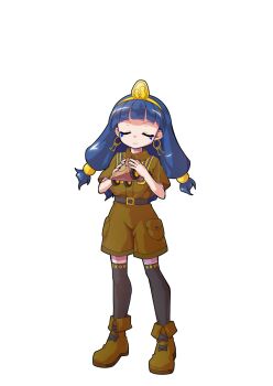 Rule 34 | 1girl, alphes (style), black thighhighs, blue hair, blunt bangs, boots, brown boots, brown shirt, brown shorts, closed eyes, closed mouth, collared shirt, commentary request, dairi, earrings, facial mark, fold-over boots, full body, hair bobbles, hair ornament, highres, holding, jewelry, key earrings, large variant set, long hair, michigami nareko, parody, shirt, short sleeves, shorts, simple background, solo, standing, style parody, tachi-e, thighhighs, touhou, transparent background, triangle, triangle facial mark, v-shaped eyebrows, variant set