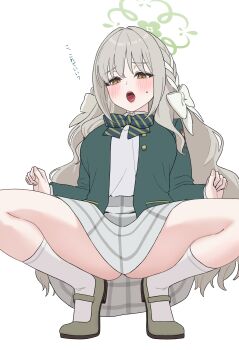 1girl absurdres blue_archive blush bow bowtie braid breasts brown_eyes brown_shoes buttons collared_shirt commentary_request diagonal-striped_bow diagonal-striped_bowtie diagonal-striped_clothes fingernails green_bow green_bowtie green_halo green_jacket grey_hair grey_skirt hair_bow hair_ribbon half-closed_eyes halo hands_up high-waist_skirt highres jacket jie-se_(kuai_mian_biao) kneehighs knees_out_of_frame looking_at_viewer mary_janes medium_breasts miniskirt miyo_(blue_archive) open_clothes open_jacket open_mouth raised_eyebrows ribbon ribbon_braid school_uniform shirt shirt_tucked_in shoes side_braid simple_background skirt socks solo spread_legs squatting striped_bow striped_bowtie striped_clothes striped_skirt teeth tiptoes translation_request upper_teeth_only wavy_hair white_background white_bow white_ribbon white_shirt white_socks