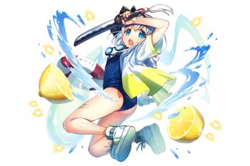 1girl alternate_costume bandaid_on_thigh black_hairband blue_eyes blue_one-piece_swimsuit boots breasts commentary_request danmaku food fruit game_cg goggles grey_hair hairband hakurei_frontier_spell_strive hitodama holding holding_sword holding_weapon inflatable_sword innertube kapuchii konpaku_youmu konpaku_youmu_(ghost) lemon looking_at_viewer official_art one-piece_swimsuit open_clothes open_mouth open_shirt shirt short_sleeves solo swim_ring swimsuit sword third-party_source touhou transparent_background water weapon white_boots white_shirt