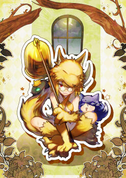 Rule 34 | 2girls, absurdres, animal feet, animal hands, bell, bespectacled, blonde hair, bob cut, borrowed design, breasts, cat o' nine tails (ragnarok online), chibi, closed mouth, commentary request, commission, crescent moon, crossed legs, flower, fox girl, fox hat, fox tail, full body, glasses, halterneck, highres, holding, holding staff, looking at viewer, moon, moonlight flower, multiple girls, narita imomushi, open mouth, ragnarok online, red eyes, round eyewear, second-party source, short hair, small breasts, smile, staff, tail, tree, window