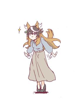 1girl animal_ears brown_hair ear_ornament earrings hair_between_eyes horse_ears horse_girl horse_tail jewelry long_hair long_sleeves multicolored_hair shirt single_earring skirt smile streaked_hair symboli_rudolf_(umamusume) tail umamusume umamusume:_cinderella_gray white_hair zukki_(bijitaru)