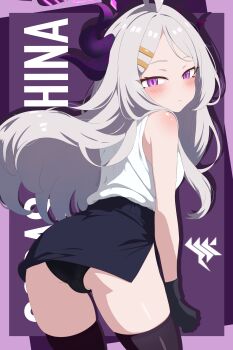 absurdres ahoge ass black_gloves black_halo black_panties black_skirt black_thighhighs blue_archive blush breasts demon_girl demon_horns gloves halo highres hina_(blue_archive) horns long_hair looking_at_viewer panties purple_eyes skirt small_breasts stasyafelix thighhighs thighs underwear white_hair