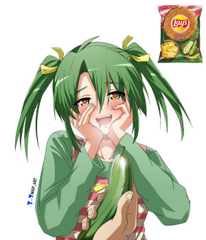 1girl :d absurdres arms_up artist_logo artist_name blush brown_eyes chips_(food) collarbone commentary cucumber drooling food green_hair green_shirt hair_between_eyes hands_on_own_cheeks hands_on_own_face heart heart-shaped_pupils heavy_breathing highres holding holding_food lay&#039;s_(potato_chips) logo long_sleeves looking_at_viewer medium_hair mouth_drool nisp_art open_mouth original parted_bangs personification pink_vest potato_chips pov pov_hands ribbon russian_commentary shirt short_twintails simple_background smile solo_focus symbol-shaped_pupils teeth twintails upper_body upper_teeth_only vest white_background yellow_ribbon