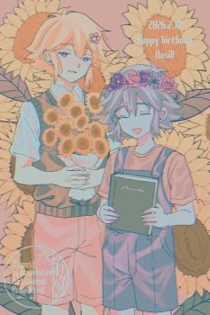 Rule 34 | 2boys, antenna hair, basil (faraway) (omori), basil (headspace) (omori), basil (omori), blonde hair, blue eyes, blue overalls, book, bouquet, bright pupils, brown shirt, brown shorts, closed eyes, collared shirt, colored skin, commentary, dated, double-parted bangs, dual persona, english commentary, flower, flower wreath, green hair, green sweater vest, hair between eyes, hair flower, hair ornament, happy birthday, harumiya ut, head wreath, highres, holding, holding book, holding bouquet, looking at another, multiple boys, omori, open mouth, overall shorts, overalls, shirt, short hair, short sleeves, shorts, sidelocks, sunflower, sweater vest, white pupils, white shirt, white skin