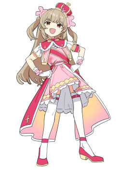1girl :d absurdres arched_crown blunt_bangs bow brown_hair cape capelet cross crown dot_nose dress fang from_below full_body fur-trimmed_capelet fur_trim glove_bow gloves hair_ornament hands_on_own_hips haruyuki_(gffewuoutgblubh) highres legs_apart light_blush long_hair looking_at_viewer mini_crown natori_sana open_mouth pink_bow pink_cape pink_capelet pink_dress rabbit_hair_ornament red_crown red_eyes red_sash red_shoes sana_channel sash shoes shoulder_sash sidelocks simple_background smile smug solo standing thighhighs tilted_headwear two_side_up v-shaped_eyebrows very_long_hair virtual_youtuber waist_cape white_background white_gloves white_thighhighs