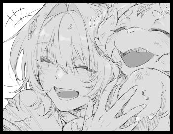 +++ 1boy anaxa_(honkai:_star_rail) animal animal_on_shoulder closed_eyes commentary_request dinosaur dromas_(honkai:_star_rail) greyscale happy highres honkai:_star_rail honkai_(series) laughing lv_minus999 male_focus monochrome on_head open_mouth short_hair smile teeth twitter_username