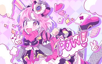 Rule 34 | 1girl, 89 (8989 99), ace (playing card), ace of clubs, animal ears, black boots, black bow, black bowtie, black dress, black thighhighs, blunt bangs, blush, boots, bow, bowtie, broken heart print, card, clock, club (shape), commentary request, diamond (shape), dress, fake animal ears, five of hearts, frilled dress, frills, gloves, hair bow, hair ornament, hairband, heart, high heel boots, high heels, highres, looking at viewer, multicolored dress, official alternate costume, ootori emu, open mouth, pink dress, pink eyes, pink gloves, pink hair, playing card, project sekai, puffy short sleeves, puffy sleeves, rabbit ears, rabbit symbol, short hair, short sleeves, solo, star-shaped pupils, star (symbol), symbol-shaped pupils, thighhighs, two-tone dress, two of diamonds, wonder magical showtime! (project sekai)