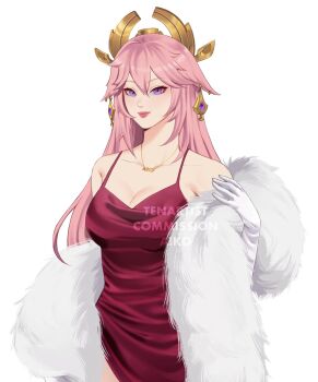 Rule 34 | 1girl, animal earrings, animal ears, artist name, breasts, cleavage, closed mouth, commentary, commissioner name, cowboy shot, cowl neck, dress, earrings, english commentary, eyelashes, eyeliner, fox ears, fur shawl, gem, genshin impact, gloves, gold earrings, gold necklace, highres, jewelry, large breasts, light smile, looking at viewer, makeup, necklace, pink lips, purple eyes, purple gemstone, red dress, red eyeliner, satin dress, shawl, side slit, simple background, spaghetti strap, tenartistt, watermark, white background, white gloves, white shawl, yae miko