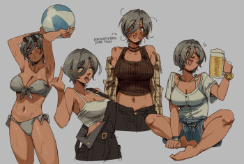 1girl :d ^_^ armpits arms_up arrow_(symbol) ball barefoot beachball beer_mug bikini black_overalls black_pants blue_shorts bracelet breasts brown_shirt brown_tank_top camisole cleavage closed_eyes commentary cowboy_shot cropped_legs cup dark-skinned_female dark_skin dress_shirt english_text eyewear_on_head full_body girls_band_cry green_eyes grey_background grey_bikini grey_hair gutalalaman hair_between_eyes hand_on_floor happy highres holding holding_ball holding_cup jewelry large_breasts lipstick_mark lipstick_mark_on_arm lipstick_mark_on_cheek lipstick_mark_on_forehead lipstick_mark_on_shoulder looking_to_the_side messy_hair midriff mole mole_under_eye mug multiple_views navel necklace off_shoulder open_clothes open_mouth open_shirt overalls pants pinky_out plaid_clothes plaid_shirt ribbed_tank_top rupa_(girls_band_cry) shirt short_hair shorts side-tie_bikini_bottom simple_background sitting smile standing stomach strapless strapless_bikini sunglasses suspenders suspenders_slip swimsuit tank_top tongue tongue_out unmoving_pattern watch white_camisole wristwatch