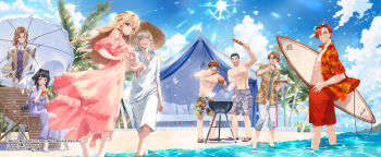 Rule 34 | 2girls, 6+boys, abs, artist name, ascot, beach, beach umbrella, black eyes, black hair, blonde hair, blue eyes, blue sky, brown eyes, brown hair, brown hat, chair, character request, cloud, coat, commentary request, copyright notice, cup, day, dress, drink, drinking, drinking straw, drinking straw in mouth, floral print, food, food request, glasses, gold trim, green eyes, grey hair, grill, grin, hat, highres, holding, holding cup, holding hands, holding plate, holding skewer, holding surfboard, long hair, long sleeves, lounge chair, maria annovazzi, meat, mito itsuki, mug, multiple boys, multiple girls, muscular, muscular male, nigashita sakana wa ookikatta ga tsuriageta sakana ga ookisugita ken, ocean, official art, open clothes, open coat, open shirt, outdoors, palm tree, pants, pink dress, plate, print shorts, purple dress, purple eyes, raimondo tigatta, red hair, red shirt, red shorts, renato di rubini, sand, shirt, short hair, short sleeves, shorts, sitting, skewer, sky, smile, straw hat, sun, surfboard, tent, tree, umbrella, wading, white ascot, white coat, white pants, white shorts, white umbrella
