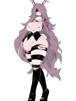 1girl amputee black_choker bow bowtie breasts choker cleavage five_nights_at_freddy&#039;s five_nights_at_freddy&#039;s_2 formal_clothes furry furry_female highres large_breasts long_hair mechanical_ears messy_hair obscured_face purple_hair rabbit_ears rabbit_girl robot_girl striped_clothes striped_thighhighs suit thick_thighs thighhighs thighs torn_clothes usa37107692 very_long_hair wide_hips wire withered_bonnie