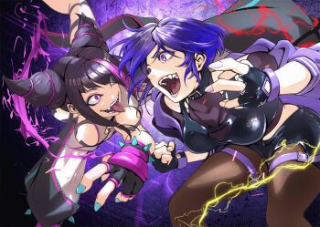 2girls aqua_nails baggy_pants battle black_collar black_hair black_shorts bracelet breasts chaps collar commentary_request cone_hair_bun crazy_eyes crazy_smile crop_top crossover diagonal_bangs drill_hair duel electricity eyepatch fangs fighting fighting_stance fingerless_gloves gloves glowing glowing_eye hair_bun hair_horns han_juri jacket jewelry midriff multicolored_hair multiple_girls nail_polish open_mouth pants pantyhose purple_eyes purple_hair purple_jacket reina_(tekken) short_hair shorts smile spiked_bracelet spiked_collar spikes streaked_hair street_fighter street_fighter_6 teeth tekken tekken_8 tongue tongue_out twin_drills yuumura_ch
