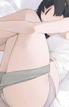 1girl black_hair bra closed_eyes clothes_pull commentary grey_panties grey_shorts highres hiroki_(yyqw7151) lying on_side original panties shorts shorts_pull sleeping solo underwear white_bra
