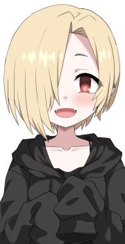 1girl black_jacket blonde_hair blush collarbone commentary earclip fangs hair_over_one_eye halulu highres idolmaster idolmaster_cinderella_girls jacket looking_at_viewer one_eye_covered open_mouth red_eyes shirasaka_koume short_hair simple_background sleeves_past_fingers sleeves_past_wrists smile solo straight-on symbol-only_commentary tareme upper_body white_background