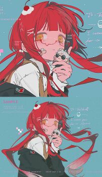 Rule 34 | 1boy, 1girl, :3, absurdres, bandaid, bandaid on face, blunt bangs, blush, character doll, character name, character request, cherry, closed mouth, doll, food, food-themed hair ornament, fruit, fruit hair ornament, glasses, gojou satoru, hair intakes, hair ornament, highres, holding, holding doll, izumi 087, jacket, jujutsu kaisen, long hair, long sleeves, looking at viewer, necktie, oc x canon, orange eyes, original, red hair, red necktie, semi-rimless eyewear, upper body