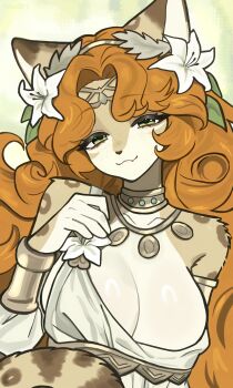 1girl ancient_greek_clothes animal_ears animal_nose artist_name bare_shoulders breasts brown_hair cleavage commentary fang flower freckles furry furry_female greco-roman_clothes green_eyes hair_flower hair_ornament highres large_breasts laurel_crown leopard_ears leopard_girl leopard_tail long_hair looking_at_viewer original simple_background smile solo tail two-tone_fur untranslatable_commentary valleedolla white_fur yellow_fur