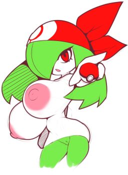 1girl breasts cleft_of_venus cosplay gen_3_pokemon green_hair highres huge_breasts kerchief kirlia large_areolae looking_at_viewer may_(pokemon)_(cosplay) mystical_(plantpenetrator) nintendo nipples nude open_mouth pokemon pussy red_eyes