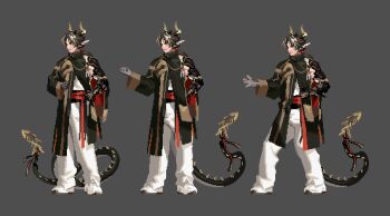 1boy arknights black_coat brown_hair chongyue_(arknights) coat commentary_request dragon_boy dragon_horns dragon_tail full_body grey_background hand_on_own_hip highres horns kard korean_commentary long_hair looking_to_the_side low_ponytail male_focus multicolored_hair multiple_views pixel_art pointy_ears ponytail red_eyes ribbon simple_background single_sleeve sprite_sheet standing streaked_hair tail tail_ornament tail_ribbon