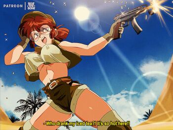 1girl animated animated_gif baseball_cap black_gloves bluethebone blush bouncing_breasts breasts brown_hair brown_shorts clothing_cutout commentary covered_erect_nipples day desert english_commentary english_text finger_on_trigger fio_germi firing glasses gloves gun hat high-waist_shorts knee_pads lens_flare load_bearing_vest machine_gun metal_slug military muzzle_flash no_bra palm_tree ponytail retro_artstyle revealing_clothes rimless_eyewear round_eyewear sand sand_dunes shell_casing short_ponytail short_shorts shorts side_cutout skorpion_vz._61 sleeveless solo submachine_gun sun thighhighs thong tree underboob upper_body weapon whale_tail_(clothing)