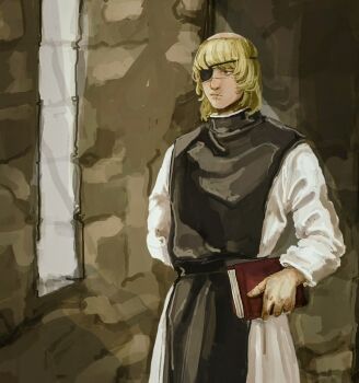 Rule 34 | 1boy, arm behind back, badeni, black tabard, blonde hair, book, chi.: chikyuu no undou ni tsuite, eyepatch, highres, holding, holding book, indoors, lips, male focus, mede teru, medium hair, nose, scar, scar on face, scar on lip, scar on mouth, scar on nose, solo, standing, tabard, tonsure