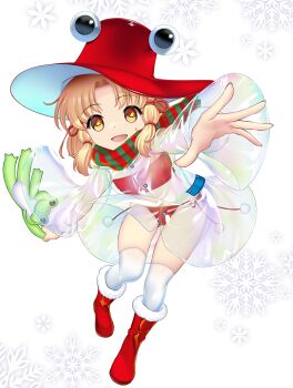 blonde_hair boots christmas hat hataraki_kuma looking_at_viewer moriya_shrine moriya_suwako offering_hand red_boots red_hat see-through_clothes smile thighhighs touhou white_background