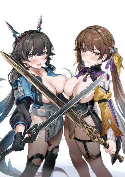 2girls 463_jun absurdres arknights arknights:_endfield bell black_boots black_hair blue_jacket blush boots bottomless braid breasts breasts_out brown_hair chen_qianyu_(arknights) closed_mouth coattails commentary_request convenient_censoring crossover dark_skin dragon_girl dragon_horns dragon_tail embarrassed glint hair_ribbon high-waist_skirt highres holding holding_sword holding_weapon honkai:_star_rail honkai_(series) horns jacket jingle_bell large_breasts long_hair long_sleeves looking_at_viewer low_twintails multiple_girls no_bra no_panties open_clothes open_jacket open_mouth red_eyes ribbon simple_background skirt sushang_(honkai:_star_rail) sword tail tassel thigh_boots thigh_strap twintails v-shaped_eyebrows very_long_hair weapon white_background white_skirt yellow_ribbon