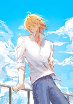 1boy alternate_costume blue_pants closed_mouth cloud commentary denim english_commentary feet_out_of_frame floating_hair highres honkai:_star_rail honkai_(series) jeans khakha240478476 looking_to_the_side male_focus medium_hair mydei_(honkai:_star_rail) neck_tattoo open_collar outdoors pants railing shirt sideways_glance sky sleeve_cuffs solo standing tattoo white_shirt yellow_eyes