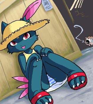 1girl :3 asymmetrical_ears black_fur blush brown_hat claws collarbone crate dress forehead_jewel furry g-sun gem gen_2_pokemon hands_on_own_knees hat loli looking_at_viewer nintendo open_mouth panties pokemon red_eyes red_sandals sandals sign sitting sleeveless sleeveless_dress smile sneasel straw_hat striped_clothes striped_panties sun_hat tail underwear white_panties yellow_dress yellow_gemstone