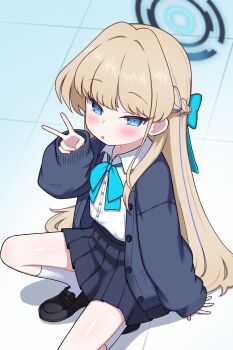 1girl :o absurdres aqua_bow aqua_ribbon black_cardigan black_shoes black_skirt blonde_hair blue_archive blue_eyes blue_streaks blush bow braid cardigan commentary hair_bow half_up_braid halo highres loafers long_hair long_sleeves looking_at_viewer multicolored_hair neck_ribbon on_one_knee pleated_skirt ribbon school_uniform shirt shirt_tucked_in shoes skirt socks solo streaked_hair toki_(blue_archive) toki_(school_uniform)_(blue_archive) v very_long_hair white_shirt white_socks zing_(z_z_zing)