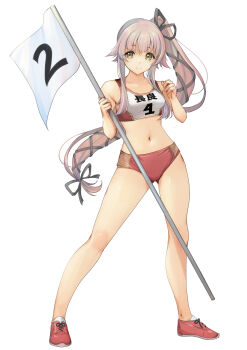 1girl absurdres breasts brown_eyes buruma character_name commentary_request flag full_body gluteal_fold grey_ribbon hair_ribbon headband highres kantai_collection long_hair medium_breasts midriff open_mouth pink_hair pole ponytail red_buruma red_shoes ribbon round_teeth shoes simple_background sky smile solo sports_bikini sports_bra teeth two-tone_sports_bra upper_teeth_only v white_background white_headband yashin_(yasinz) yura_(kancolle)