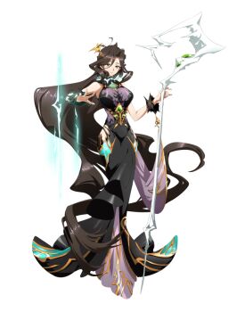 1girl absurdly_long_hair bare_shoulders black_dress breasts brown_hair closed_mouth clothing_cutout curtained_hair dress energy floating_hair full_body game_cg gold_trim hair_ornament hip_vent holding holding_staff holding_weapon huge_breasts jewelry langrisser langrisser_mobile light_smile long_dress long_hair looking_at_viewer mage_staff magic multicolored_dress official_art outstretched_arm see-through_cleavage see-through_clothes see-through_cutout simple_background solo staff standing tachi-e third-party_source tourmilque_(langrisser) transparent_background very_long_hair weapon yellow_eyes