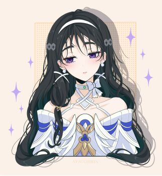 1girl alien_stage ayacchirin bare_shoulders black_hair bow choker columbina_(genshin_impact) columbina_(genshin_impact)_(cosplay) commentary cosplay criss-cross_halter dress drop_shadow english_commentary genshin_impact hairband halterneck highres long_hair off-shoulder_dress off_shoulder purple_eyes solo sua_(alien_stage) upper_body very_long_hair white_bow white_dress white_hairband